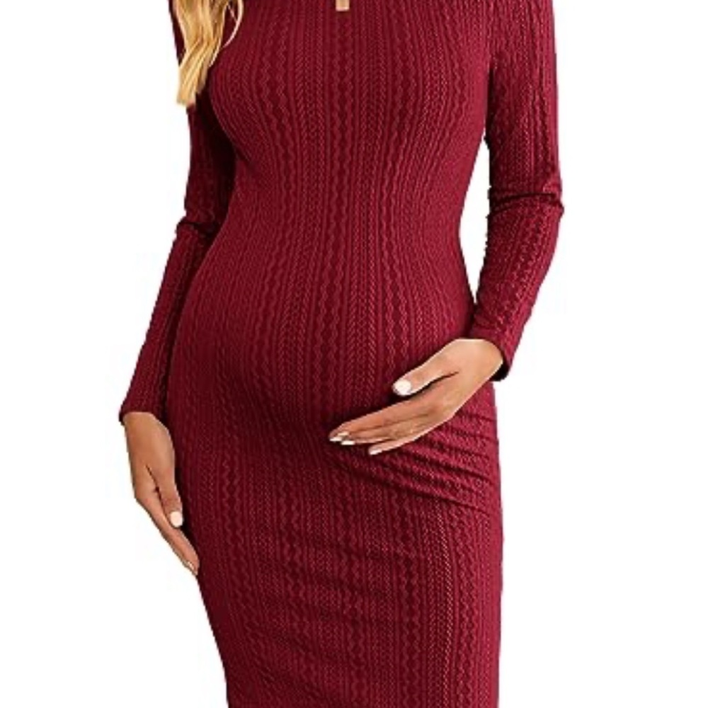 Long Sleeve Burgundy Maternity Knit Dress